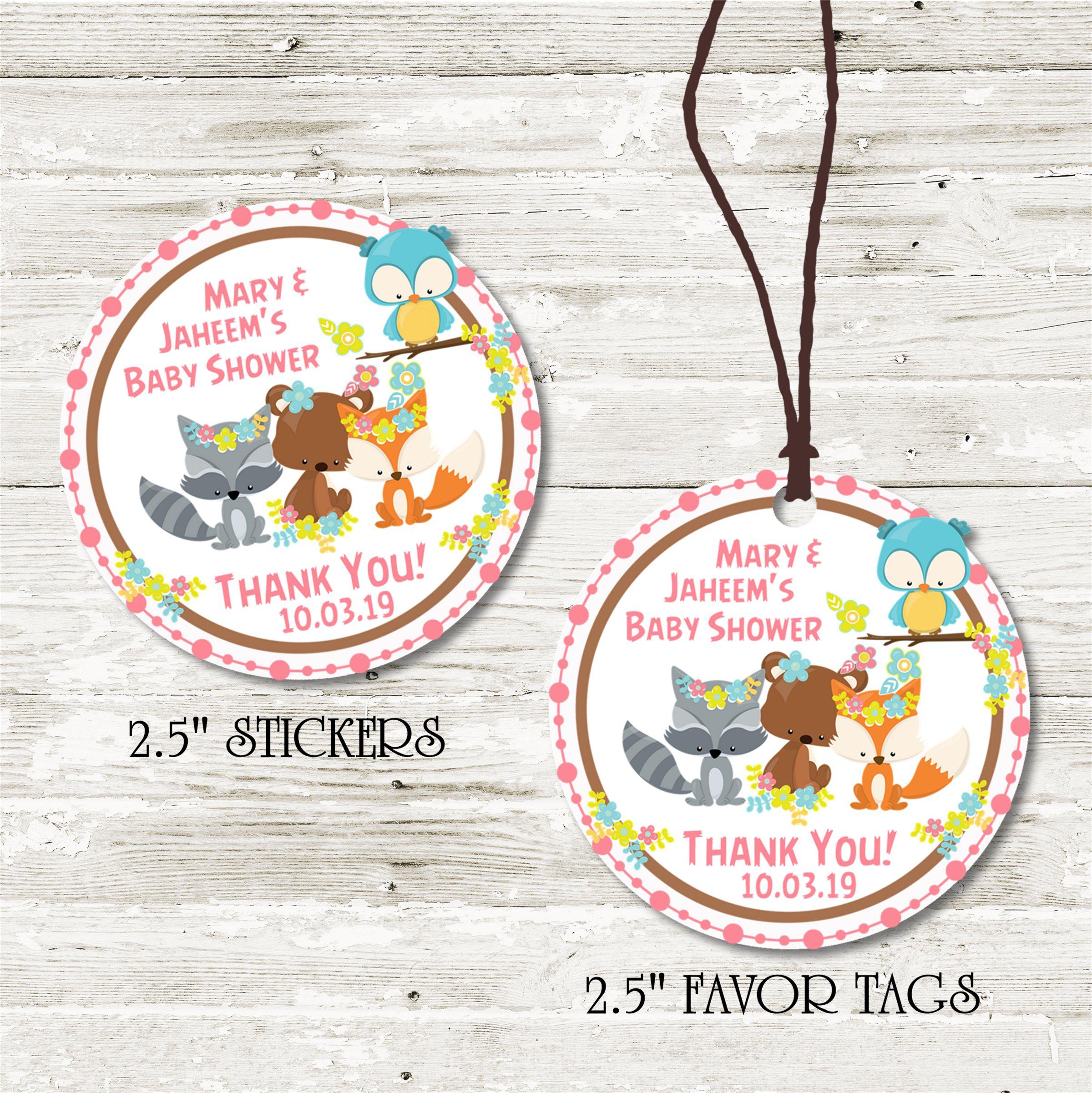 Girls Woodlands Baby Shower Stickers Or Favor Tags