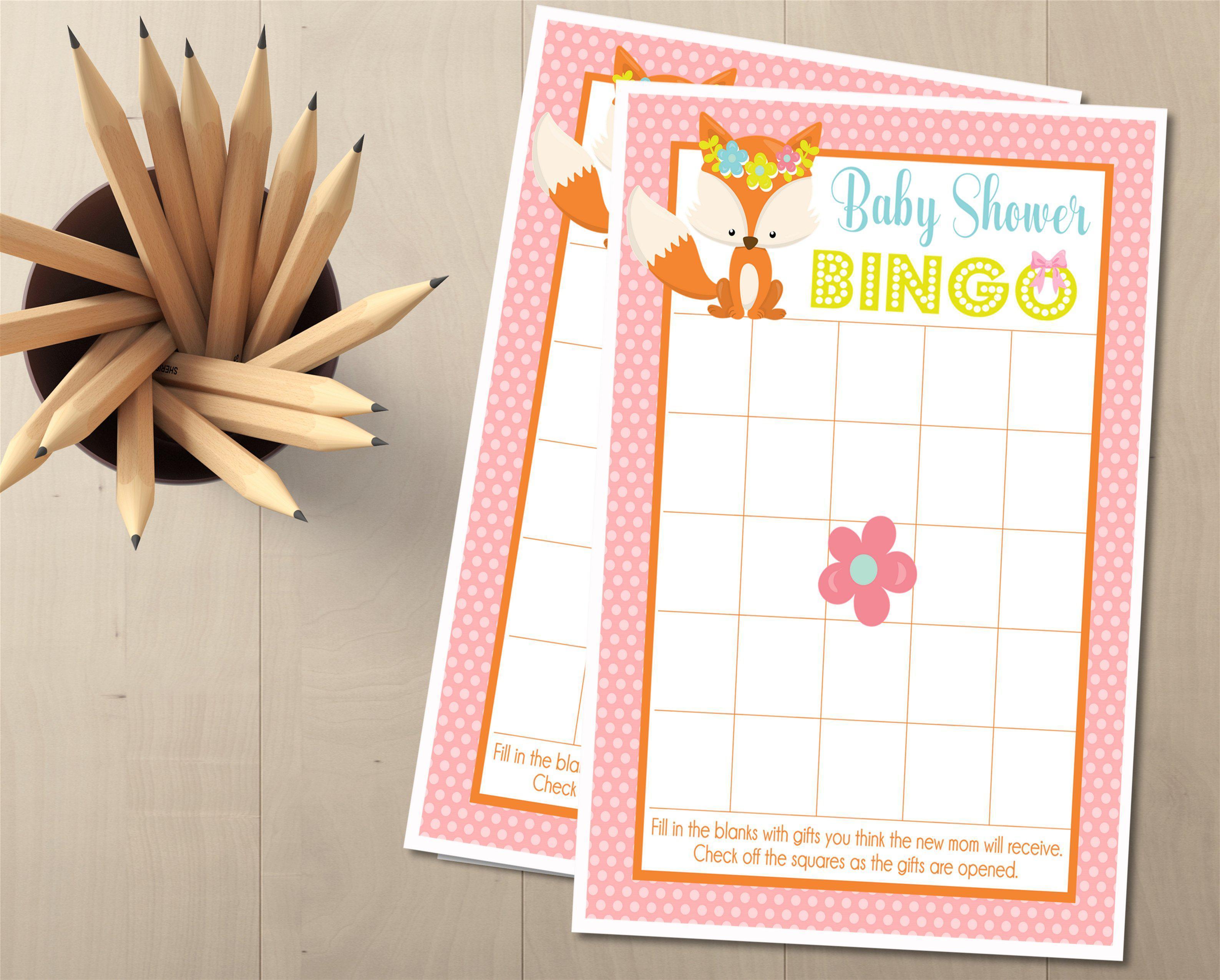 Girls Woodlands Fox Baby Shower Bingo Cards