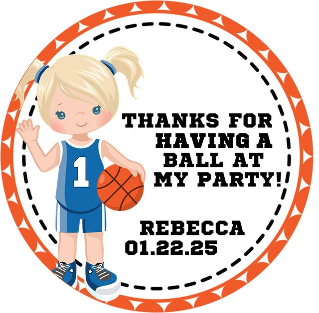 Girls basketball birthday sticker with blue jersey