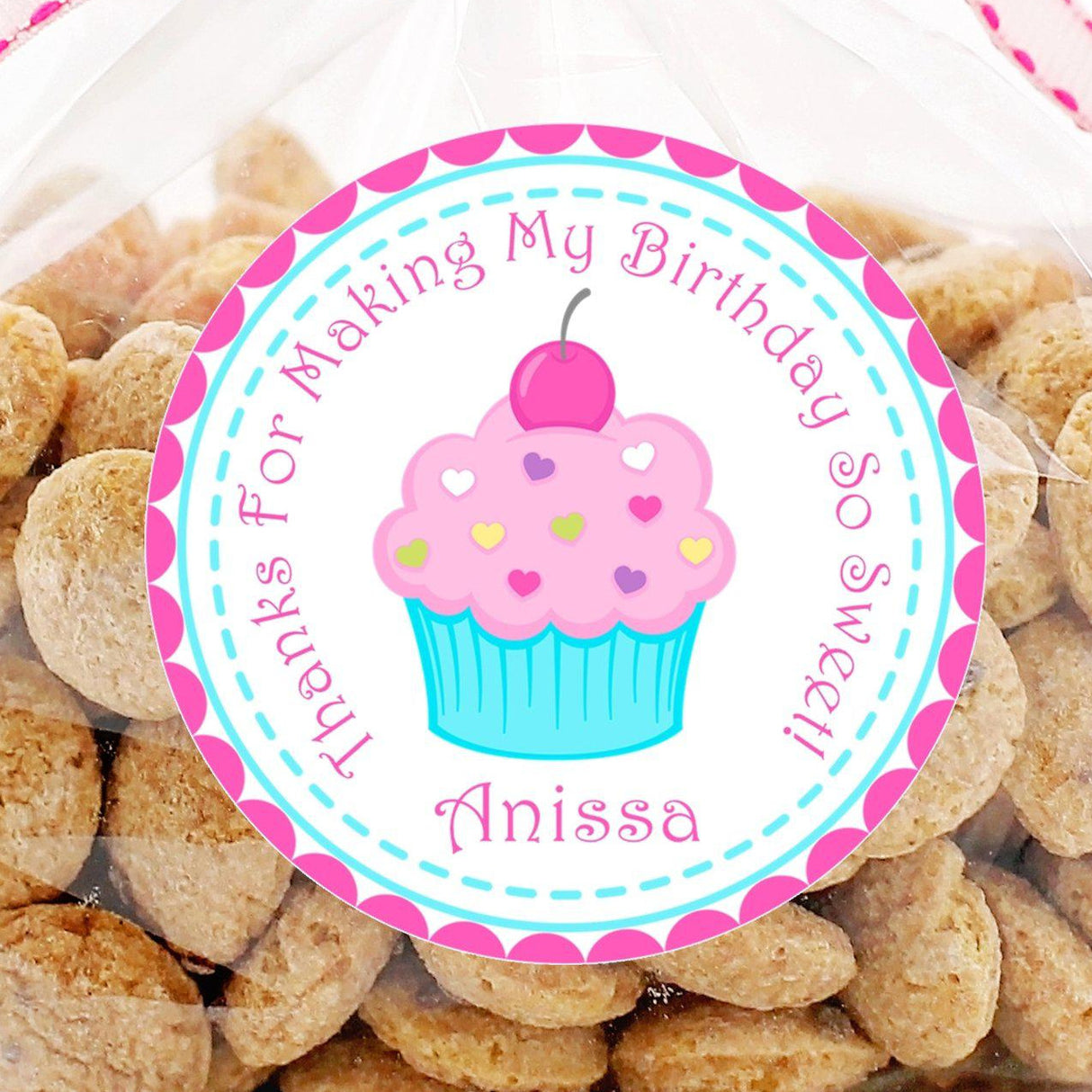 Girls cupcake party favor label with heart sprinkles