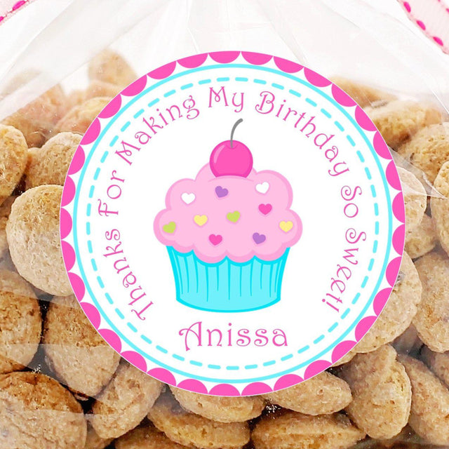 Girls cupcake party favor label with heart sprinkles