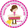 Girls gymnastics birthday sticker with pink border and bench pose
