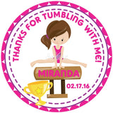 Girls gymnastics birthday sticker with pink border and bench pose