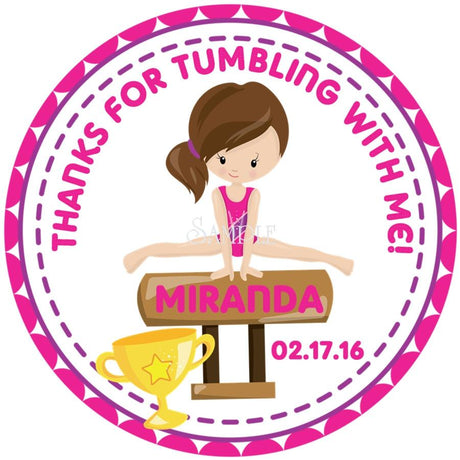 Girls gymnastics birthday sticker with pink border and bench pose