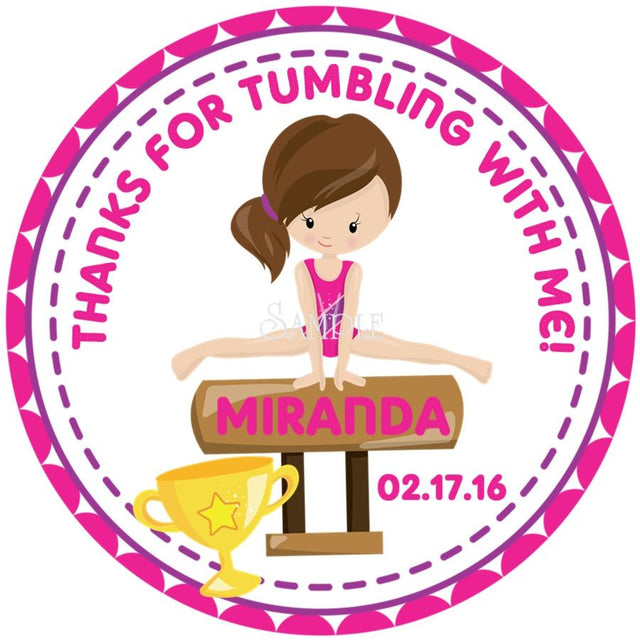 Girls gymnastics birthday sticker with pink border and bench pose