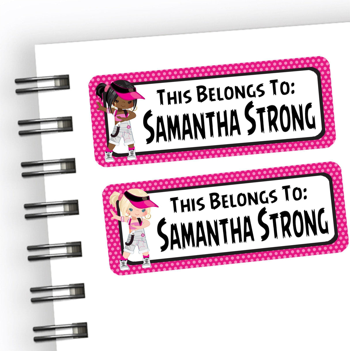 Girls hip hop back to school supply name labels with bold lettering and bright colors