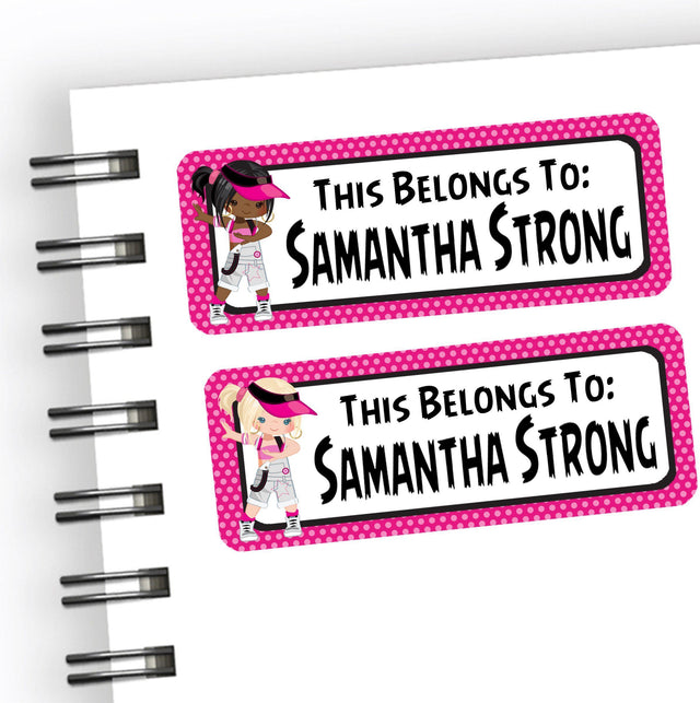 Girls hip hop back to school supply name labels with bold lettering and bright colors