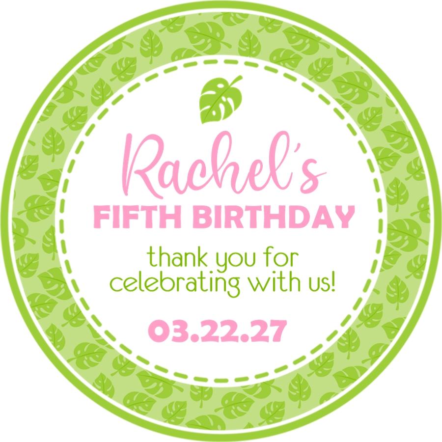 Girls pink tropical leaf birthday sticker with personalized name