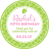 Girls pink tropical leaf birthday sticker with personalized name