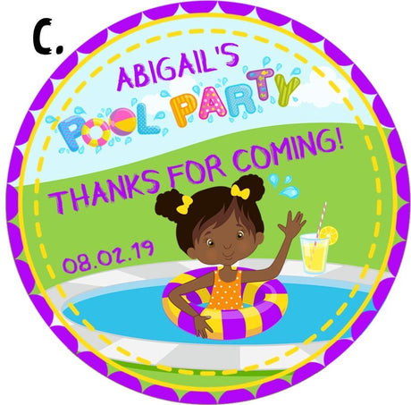 Girls pool party birthday sticker with brown-skinned character