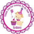 Girls puppy birthday sticker with pink party hat and cupcake