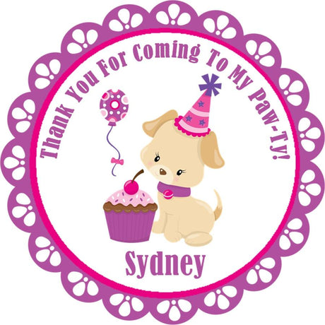 Girls puppy birthday sticker with pink party hat and cupcake