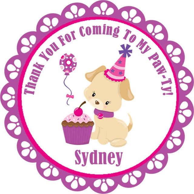 Girls puppy birthday sticker with pink party hat and cupcake