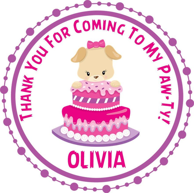 Girls puppy birthday sticker with tan puppy and pink cake
