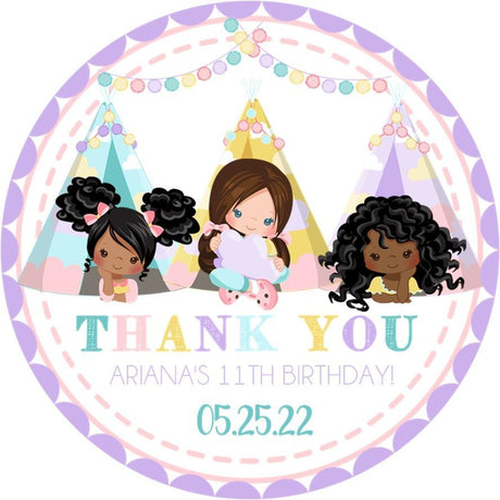 Girls slumber party birthday stickers with tent sleepover friends