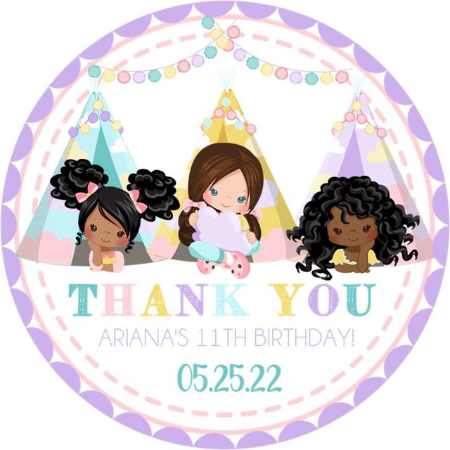 Girls slumber party birthday stickers with tent sleepover friends