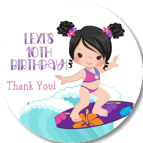 Girls surfing birthday sticker with surfer girl riding waves