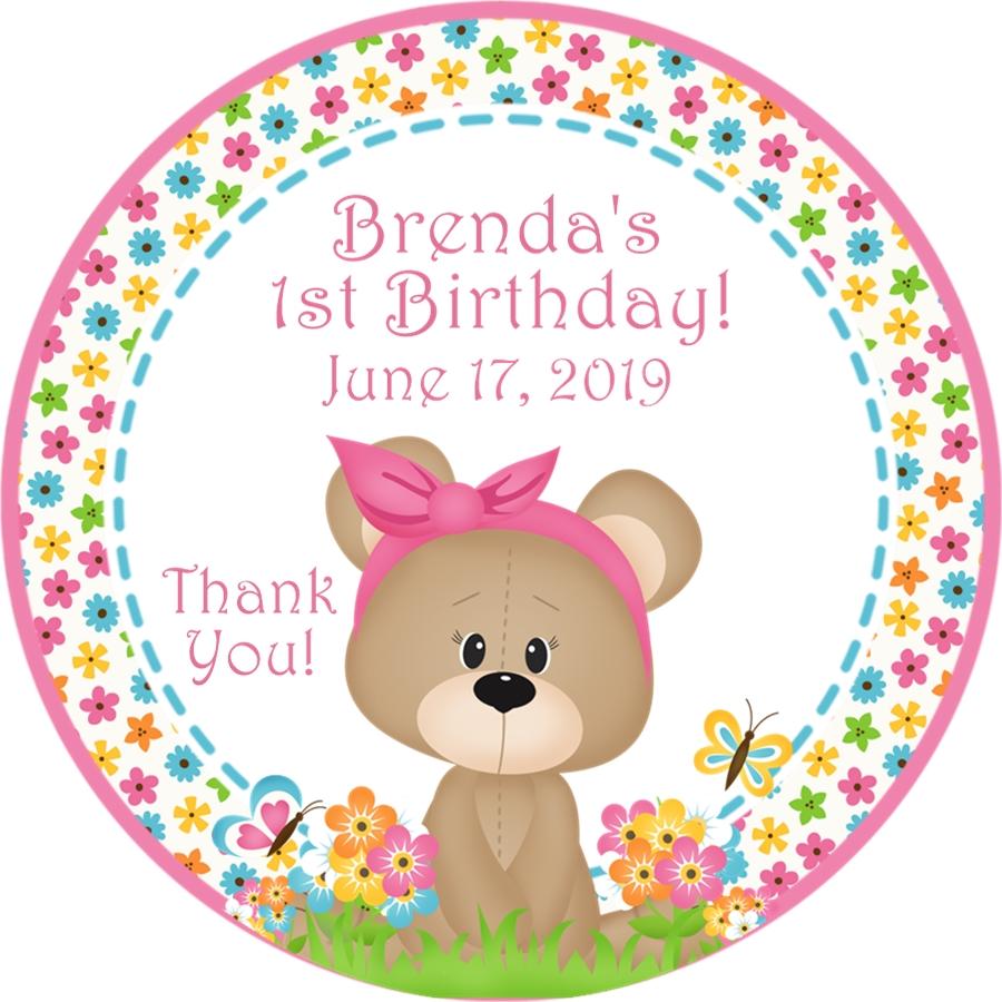Girls teddy bear birthday sticker with pink bow and flowers