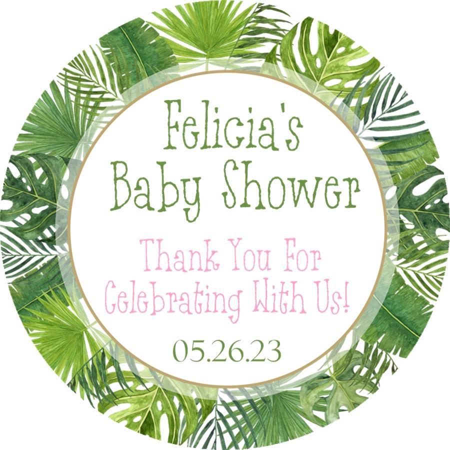 Girls tropical leaf baby shower sticker with pink and green leaves