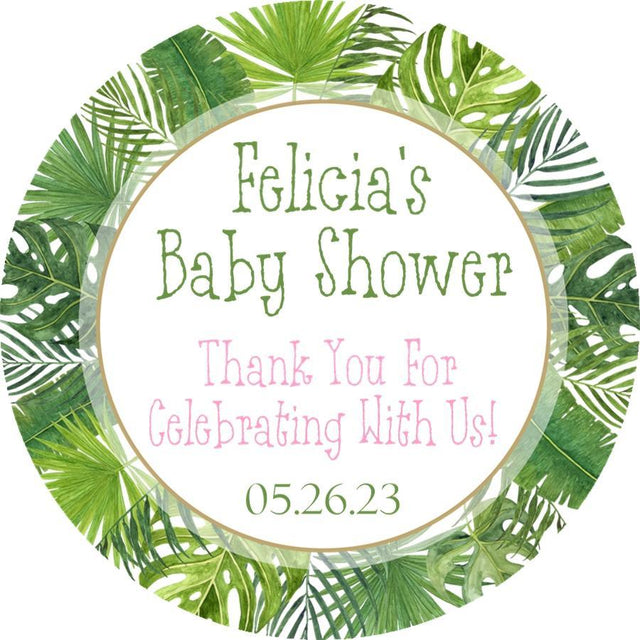 Girls tropical leaf baby shower sticker with pink and green leaves