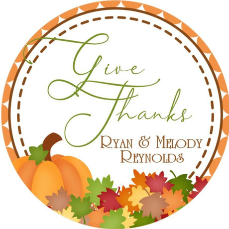 Give thanks pumpkin Thanksgiving sticker with fall leaves