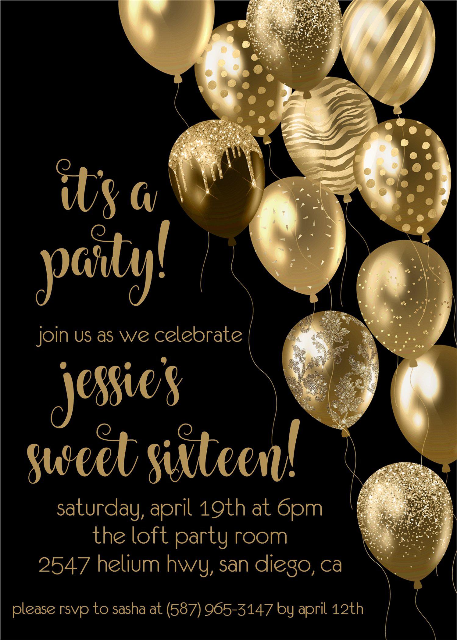 Gold And Black Balloon Sweet 16 Party Invitations