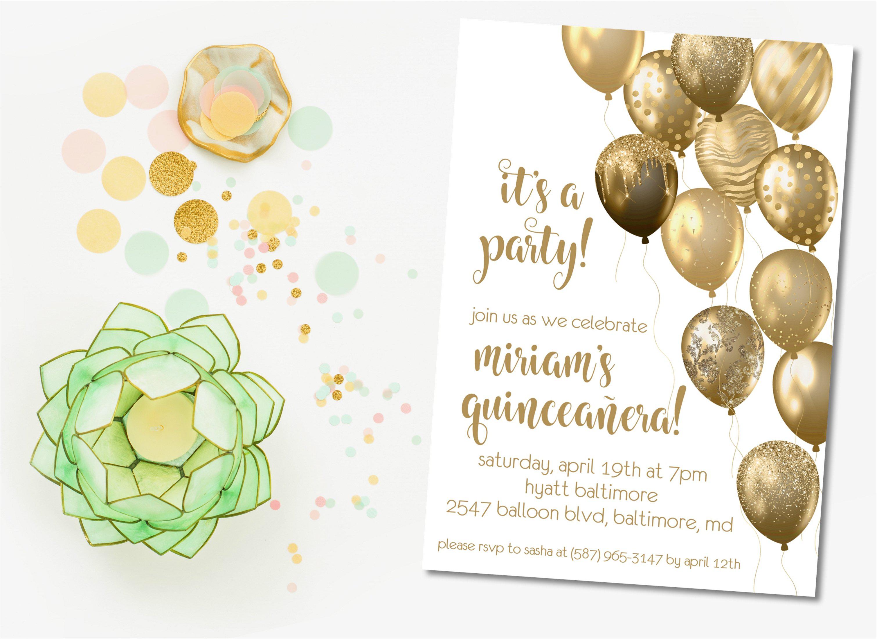 Gold Balloon Quinceanera Invitations