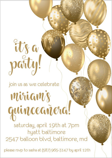 Gold Balloon Quinceanera Invitations