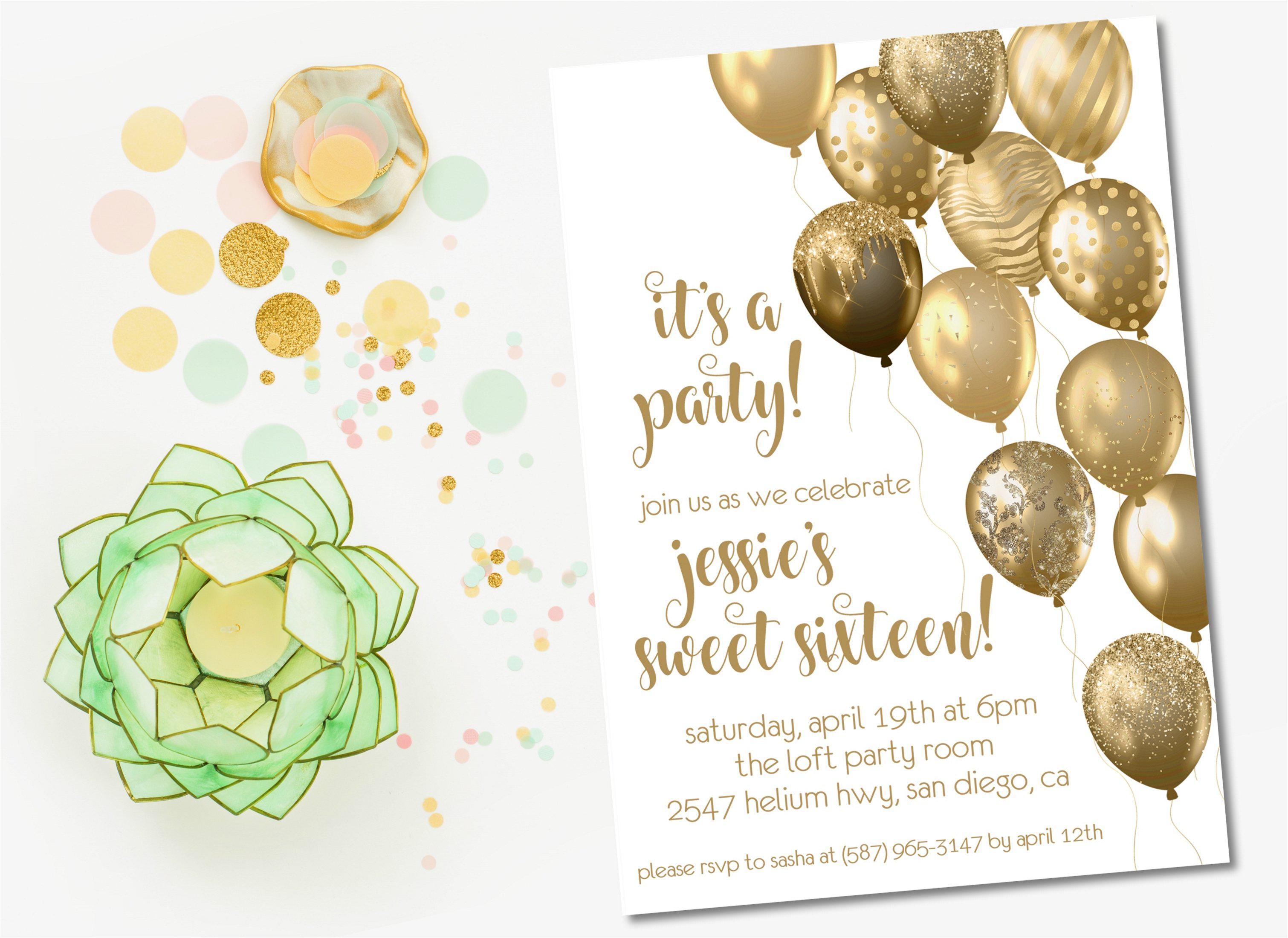Gold Balloon Sweet 16 Party Invitations