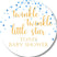 Gold script Twinkle Little Star baby shower stickers with blue accents.