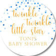 Gold script Twinkle Little Star baby shower stickers with blue accents.