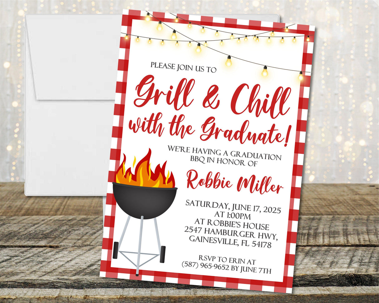 Graduation BBQ invitation with string lights and red picnic style border