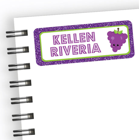 Grape themed back to school name label with purple fruit design