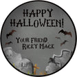 Graveyard Halloween sticker with tombstones bats and spooky night scene