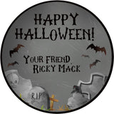 Graveyard Halloween sticker with tombstones bats and spooky night scene