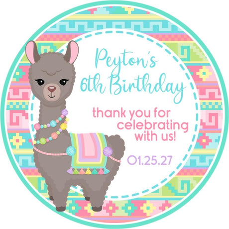Gray llama birthday sticker with pastel tribal background