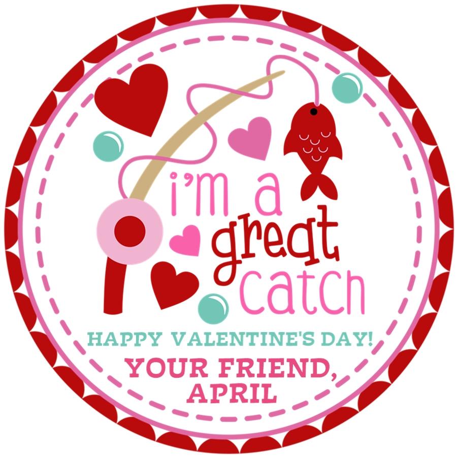 Great Catch Valentine sticker with fishing pole and hearts