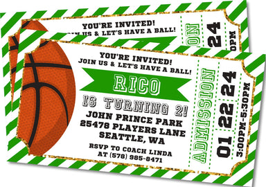 Green And Gold Basketball Birthday Party Ticket Invitations