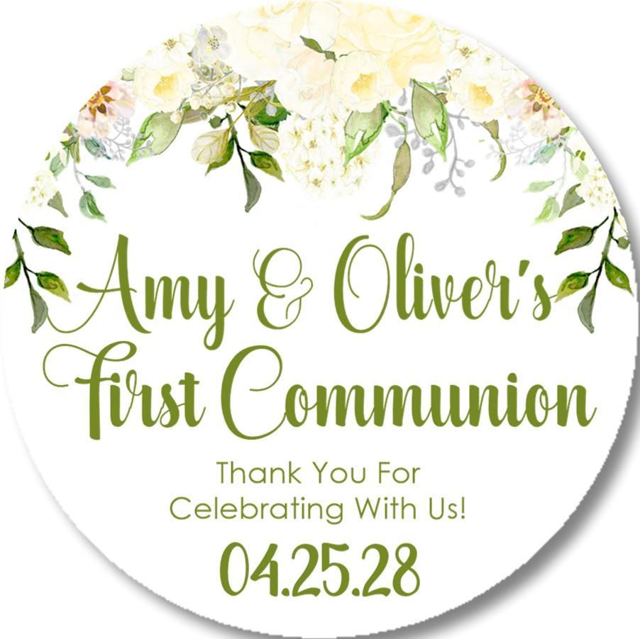 Green And White Floral First Communion Stickers Or Favor Tags