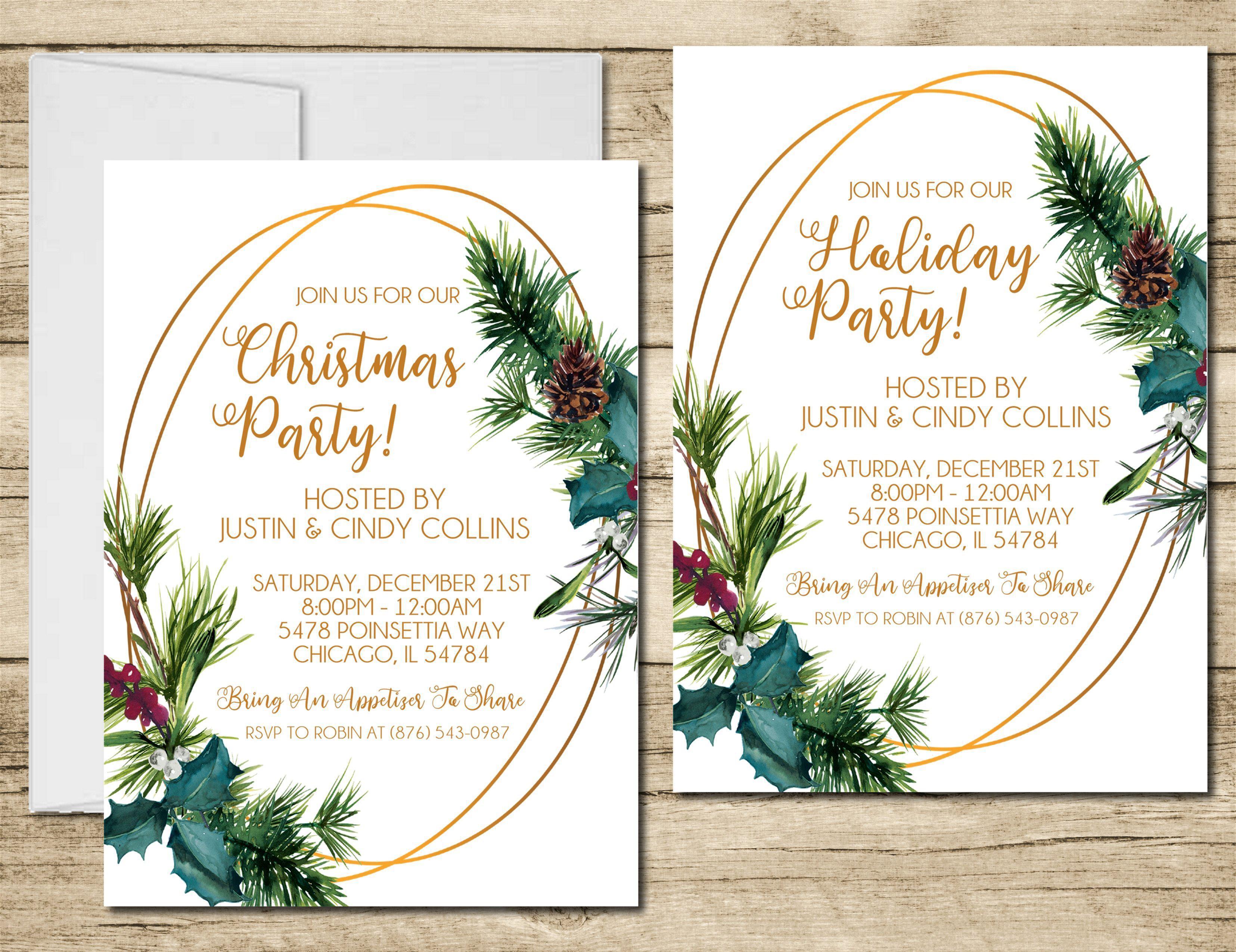 Green Pine & Gold Christmas Or Holiday Party Invitations