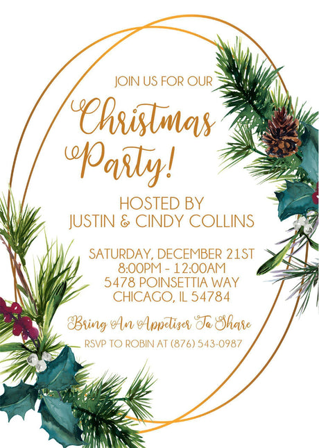 Green Pine & Gold Christmas Or Holiday Party Invitations