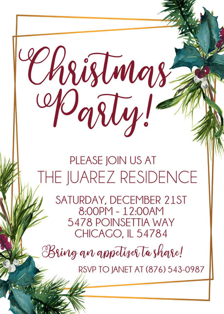 Green Pine & Gold Christmas Or Holiday Party Invitations