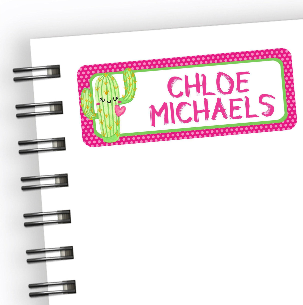 Green and pink cactus back to school name labels with playful design