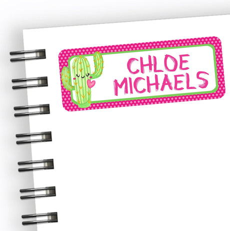 Green and pink cactus back to school name labels with playful design
