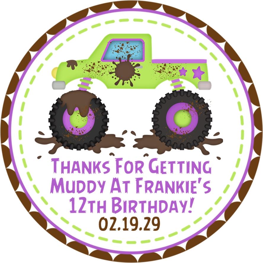 Green and purple mudding monster truck birthday sticker