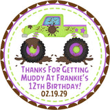 Green and purple mudding monster truck birthday sticker