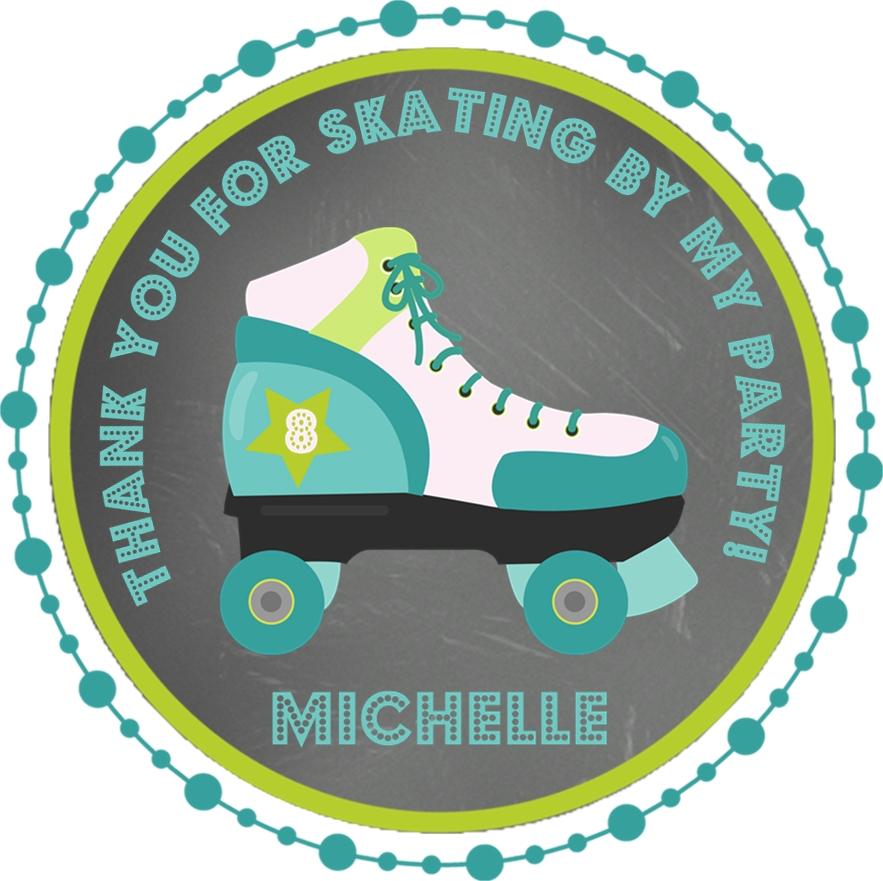 Green and turquoise roller skate birthday sticker with custom name