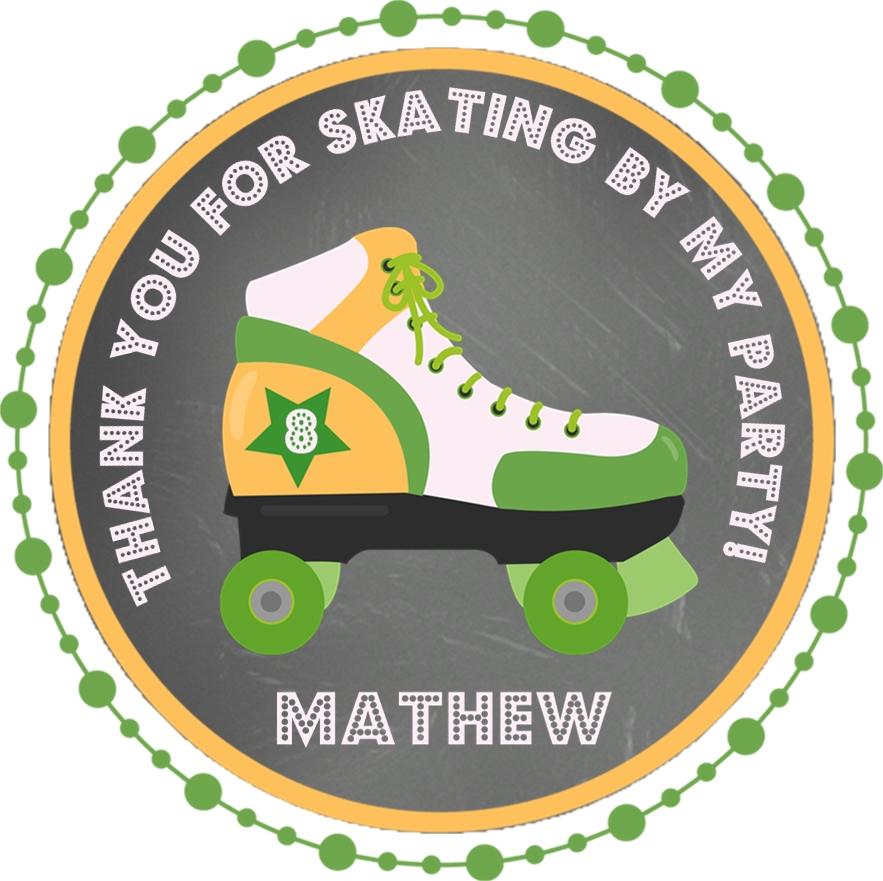 Green and yellow roller skating birthday favor sticker with retro skate and name