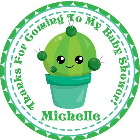 Green cactus baby shower stickers with smiling cactus design.