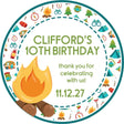Green camping campfire birthday sticker with personalized name and date